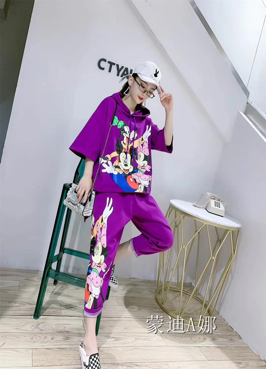 Spring Summer Loose 2 Pieces Women's Cute Cartoon Print Tracksuits Twinsets Hooded Blouses Tops And Casual Pants Suits NS680 | Женская