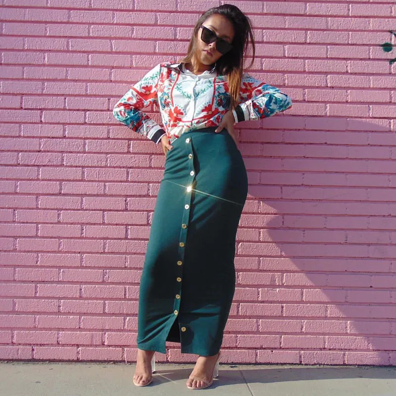 Green skirt Хлопковая женская облегающая Однотонная юбка-карандаш мусульманская малайзийская Женская юбка с высокой талией, плотно прилегающая пуговица - Цвет: Green skirt