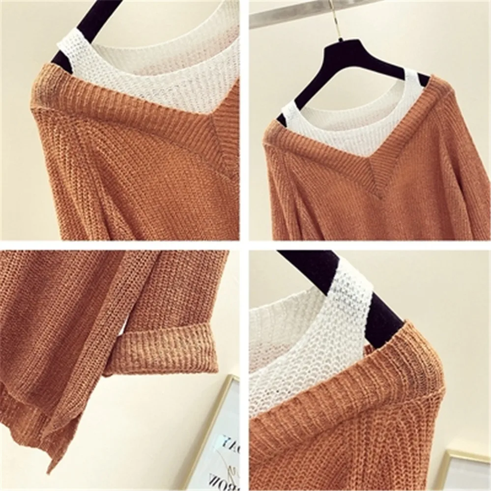

Female Long-sleeved Loose Lazy Bottoming Knitted Sweater Pullover Women Spring Fake Two-piece Sexy Off-the-shoulder Sweater