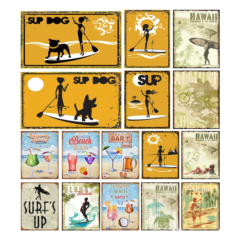 

Летние пляжные жестяная вывеска вечерние Vintage Surf металла плакат украшения Ретро табличка пин-ап знак настенный светильник декора жесть жив...