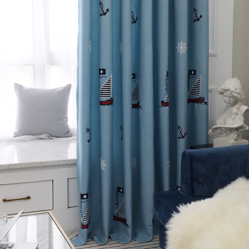 Детские Роскошные затемненные шторы с рисунком синие вышивкой для гостиной