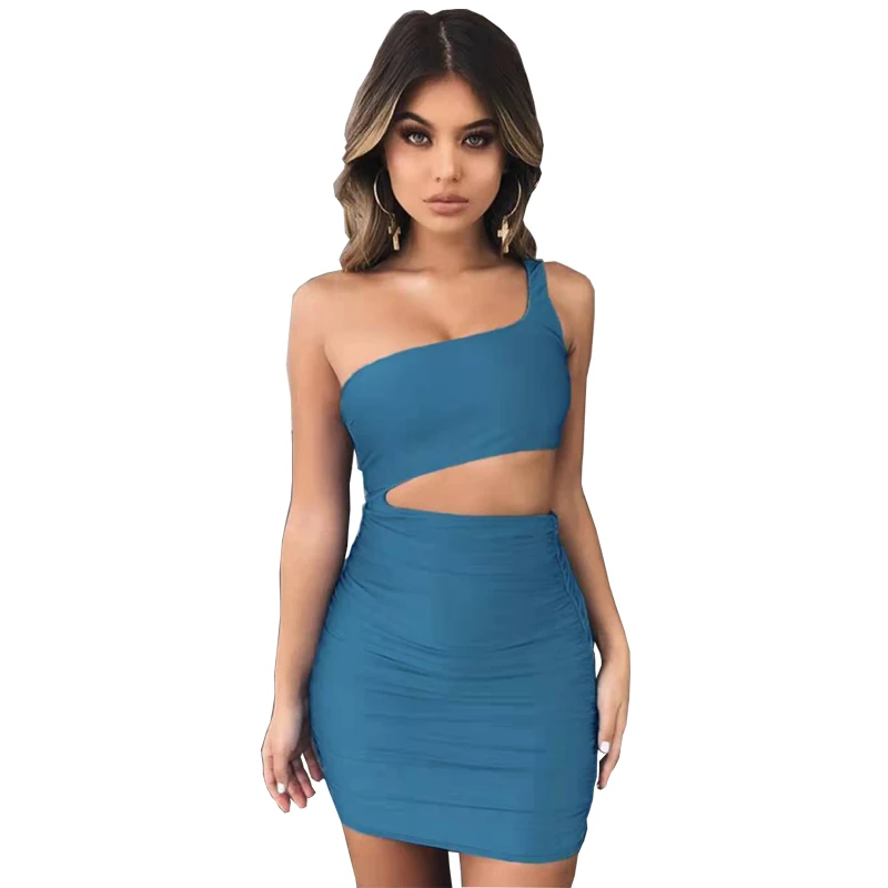 

2021 summer new women's sexy one-shoulder pleated skirt buttock dress multi-color elastic oblique shoulder hollow splicing