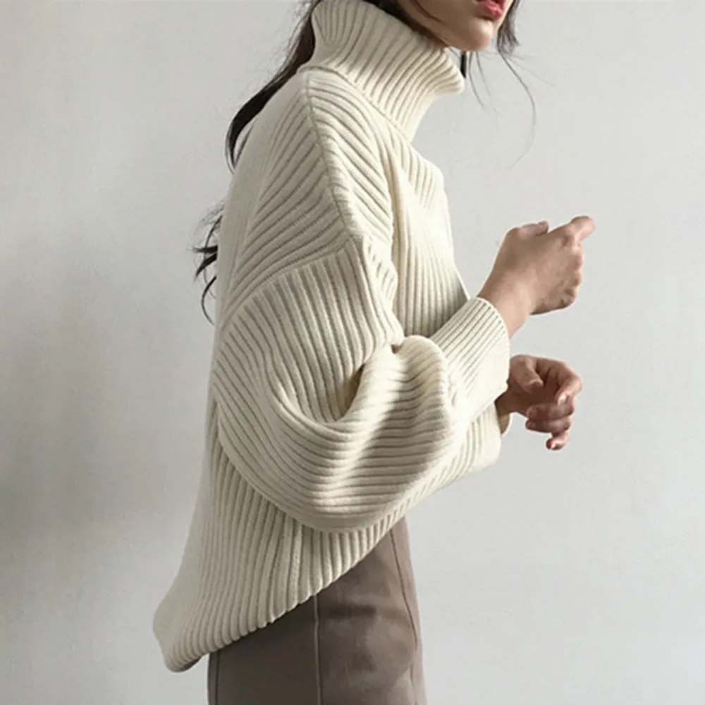 Женский свитер с высоким воротником однотонный Свободный пуловер оверсайз