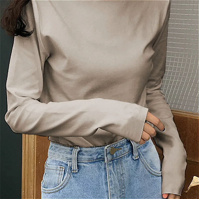 Tee Women Female Solid O-Neck Long Sleeve Leisure T-shirt for Lady Ins New Slim 8 Color Basic Spring Top Korean All-match | Женская