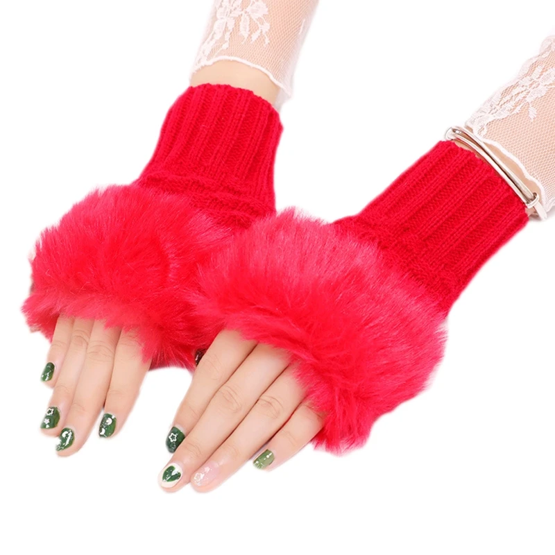 

Women Winter Fluffy Plush Cuff Half Finger Gloves Knit Warm Fingerless Mittens 649C