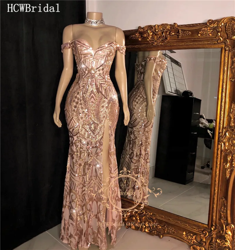 

Shiny Dusty Pink Long Mermaid Prom Dresses With Slit Off The Shoulder Sexy Sequin Evening Party Gown Plus Size Graduation Dress