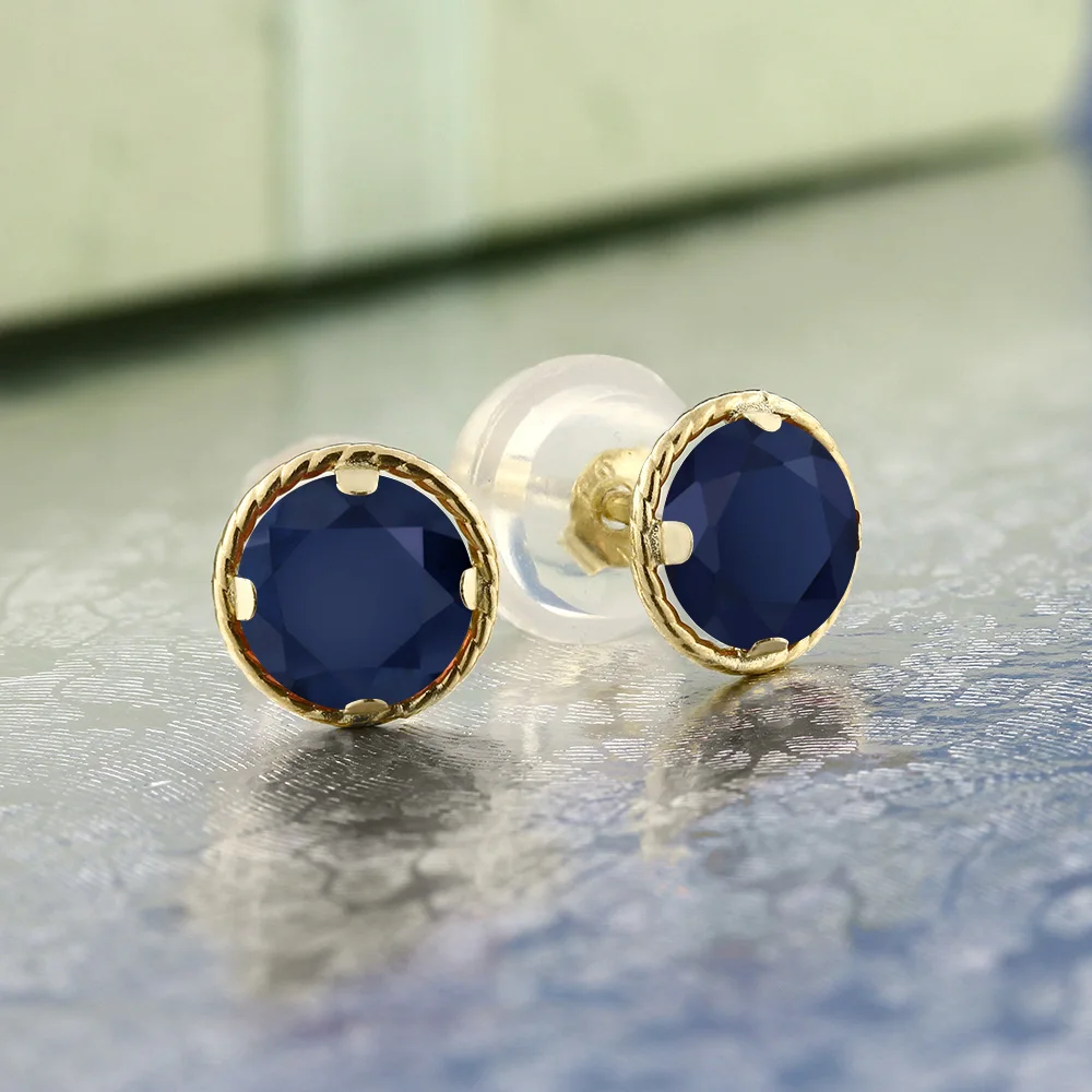 GemStoneKing 0 72 Ct круглые 4 мм натуральный синий сапфир 14K желтое золото серьги гвоздики