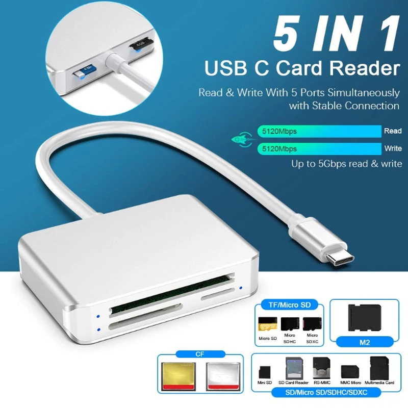 

Rocketek Same Time Read 5 Card USB 3.0 Memory Card Reader Type-C Adapter for Micro-SD/TF CF MS Compact Flash Microsd Computer