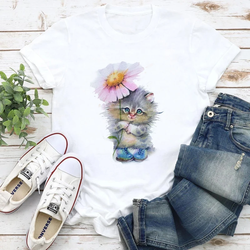 

Poor cat print T-shirt Ladies summer fashion T-shirt O-neck short-sleeved Harajuku T-shirt White top Fashionable female T-shirt