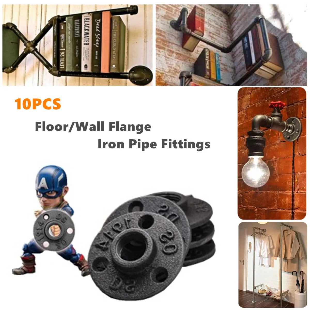 10 шт. Черные Декоративные кованые фитинги из чугуна для пола/стены 1/2 дюйма 3/4