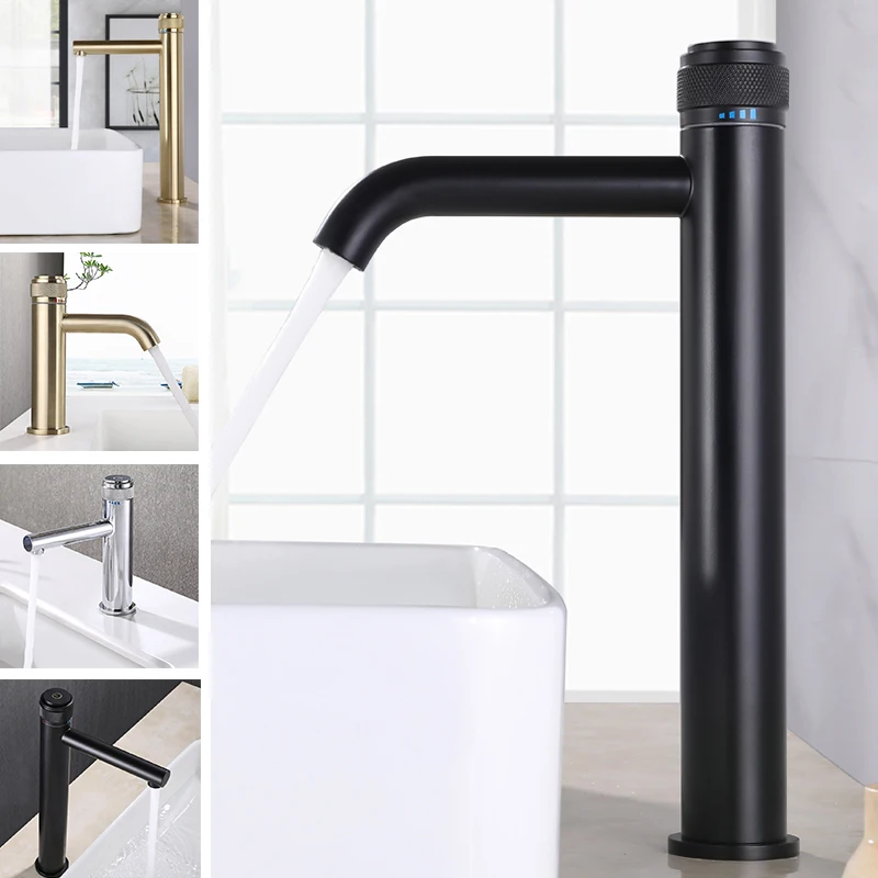 

Push Button Brass Bathroom Basin Faucets Hot Cold Water Mixer Taps Deck Mounted Chrome Black Single Handle Tall Washbasin Faucet