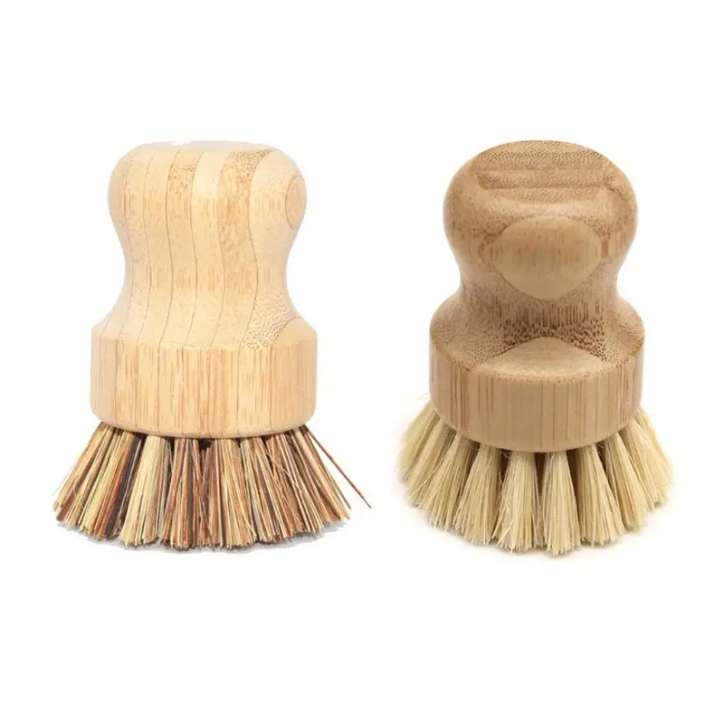 

E9LA Sisal Bamboo Palm Kitchen Pan Pot Cleaning Brush Short Round Wooden Handle Bowl Dish Washing Tools Household Necessary