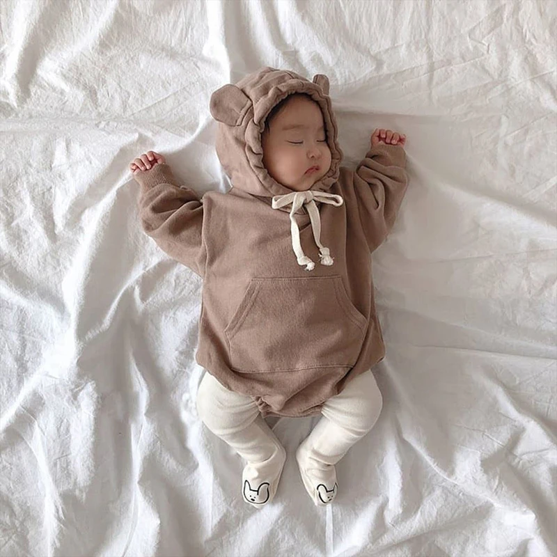 Baby Boys Girls Clothes Hoodie Long Sleeved Cute Solid Romper Spring Autumn Pure Cotton Infant Kids Fleece Thicken Jumpsuits