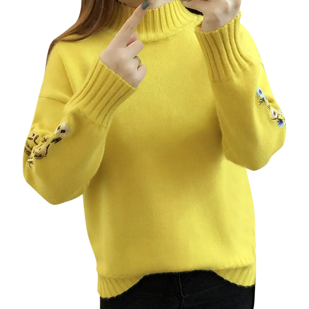 Yellow New Loose Thick Warm Winter Pullover Sweater Women Embroidery Jumper Half Turtleneck Long Sleeve Knit Yellow Sweater Female - Color: Yellow