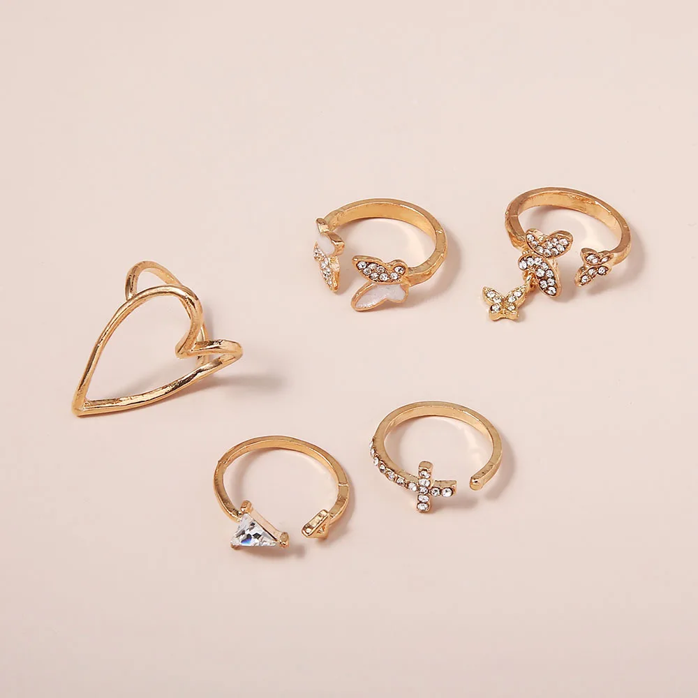 

5Pcs Vintage Bohemian Ring Heart Butterfly Gold Color Rings Crystal Geometric Knuckle Midi Rings for Women Girl's Jewelry Gifts
