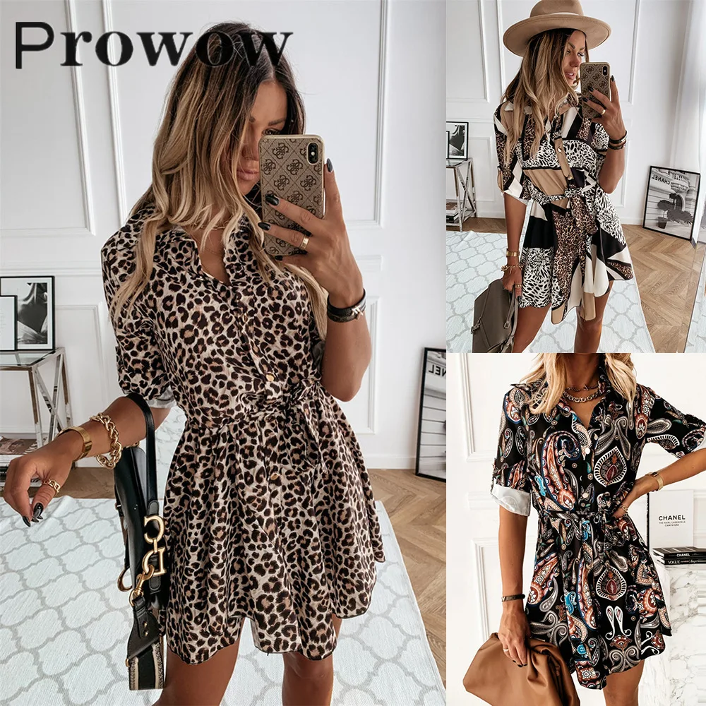 

Prowow Spring Autumn Women Fashion Print Long Sleeve Shirt Dress Female Casual Loose Streetwear Turn Down Collar Short Dresses