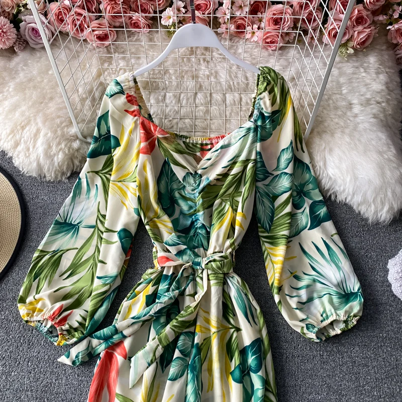 

2021 Women Casual Beach Waistband Printed Floral Playsuit Ladies Holiday Long Sleeves Wide Leg Pants Romper Overalls Jumpsuits