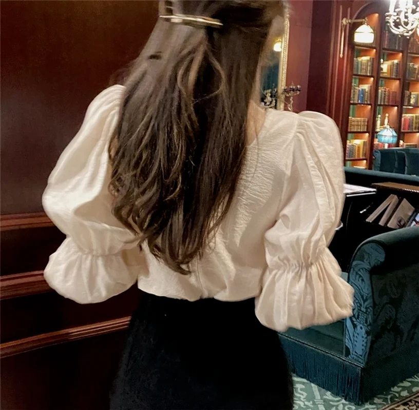 

Houthion New Long-sleeved Women's Blouse Solid Color Top Square Collar Loose Fashion Blouses Casual Summer Korean Shirt