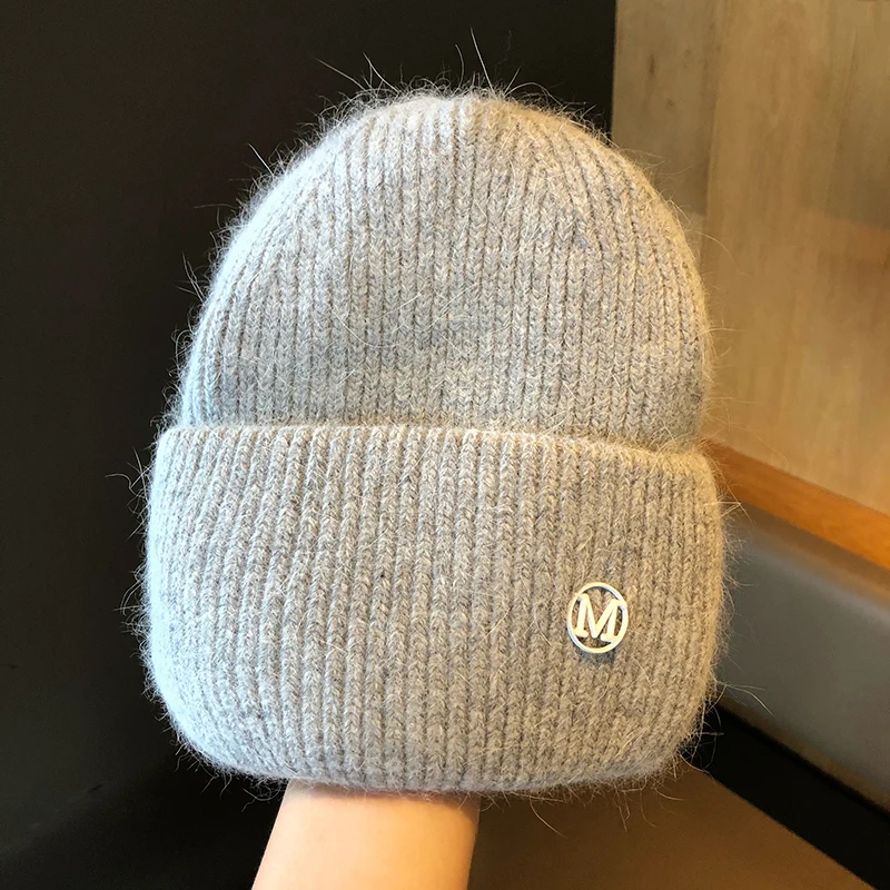

Winter New Rabbit Fur Knitted Hat Net Red Letter M Mark Woolen Cap All-match Warm Hat Autumn and Winter Ear Protection Hat