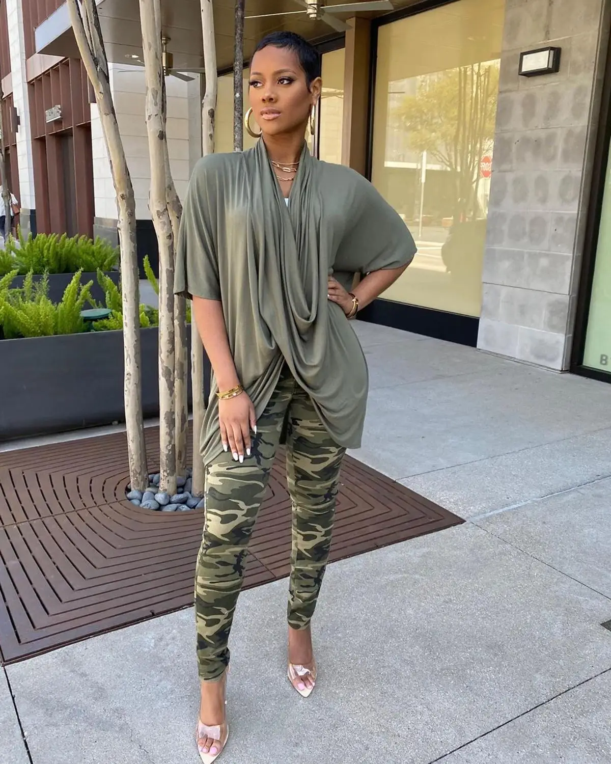 

New casual solid camouflage print two piece summer fashion loose fit short sleeve T-shirt and pants women's set