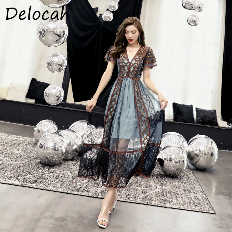 Delocah, новое модное летнее Повседневное платье для подиума, женские сексуальные длинные платья с глубоким v-образным вырезом и вышивкой, с высокой талией