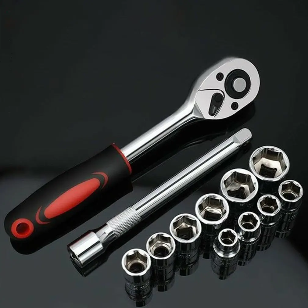 

12pcs 1/4 Inch Ratchet Socket Wrench Set Drive Socket Set 10 Sockets 2 Way Quick Released Ratchet Handle And Extension Bar