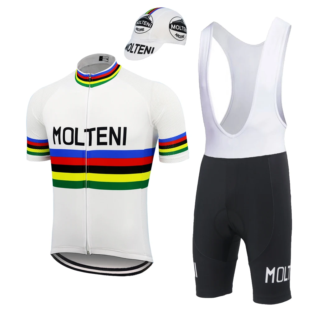 

Белый велосипедный комплект из Джерси MOLTENI в стиле ретро, мужской велосипедный комплект из Джерси, строгие шорты, гелевые подкладки 9D для го...