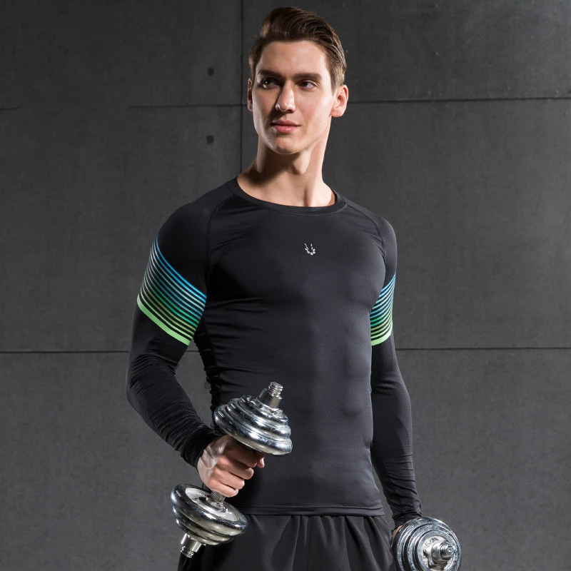 2020 Mens Printed Gym Compression Shirts Skinny Long Sleeve Quick Dry Running Sportswear Tops Fitness Training Sports T-shirts | Спорт и