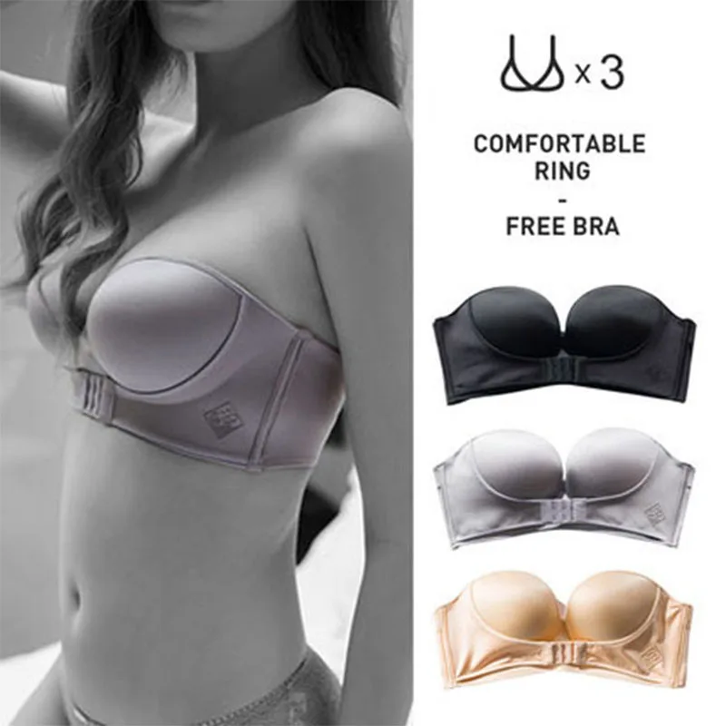 

QQ sugar explosion type gather adjustable breathable strapless front buckle invisible bra