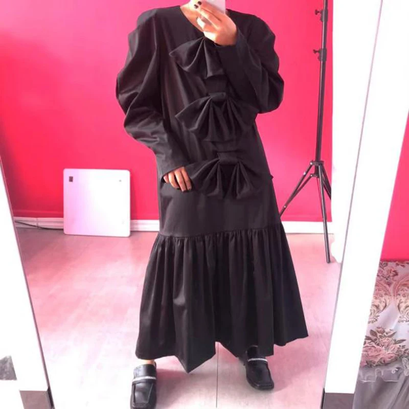 

[EAM] Women Vintage Bow Pleated Big Size Black Dress New Round Neck Long Sleeve Loose Fit Fashion Spring Autumn 2021 1DD4670