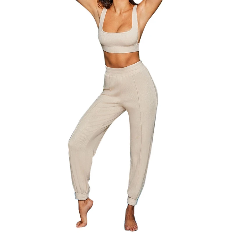 

Tacksuit Women 2 Piece Set Sleeveless Ribbed Two Piece Outfits Crop Top Long Pants Casual Matching Sets