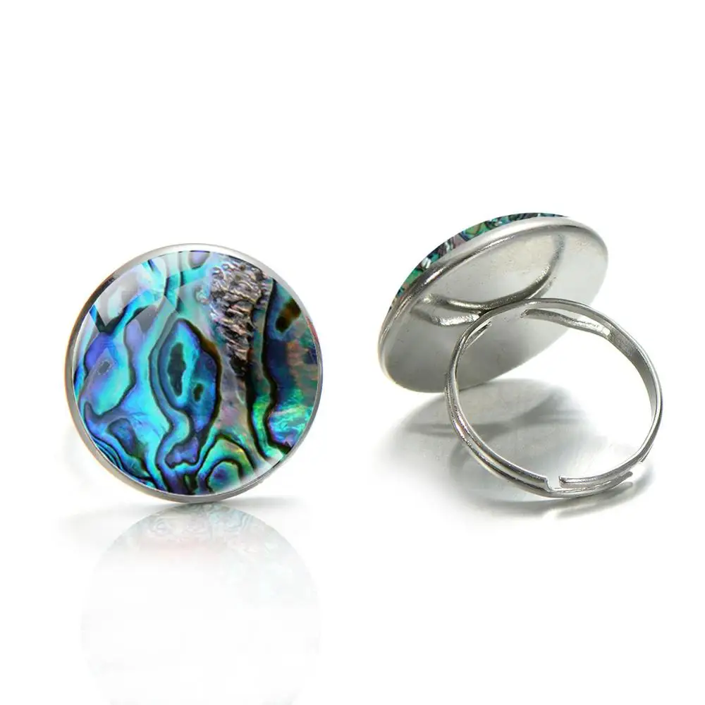 

Vintage Colorful Shell Abalone Pattern Rings Handmade Glass Art Photo Cabochon Bronze Silver Color Adjustable Size Rings