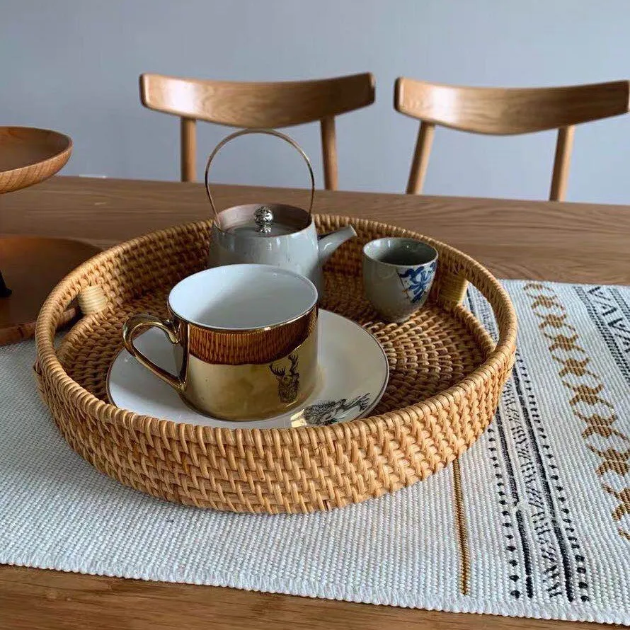 Rattan Basket Hand-Woven Coffee Breakfast Severing Tray Food Storage Platters Bread Plate with Handler For Drink Snack Tea | Дом и сад