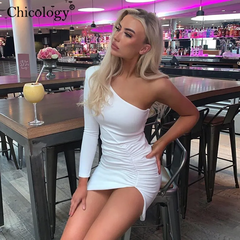 Женское однотонное мини-платье Chicology офисное Повседневное платье на одно плечо с