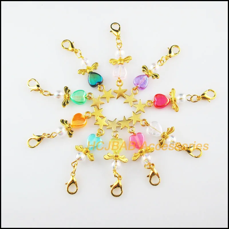 10 новых подвесок Angel 14x33 мм смешанные сердца золотого цвета в стиле ретро с застежкой-карабином и звездами