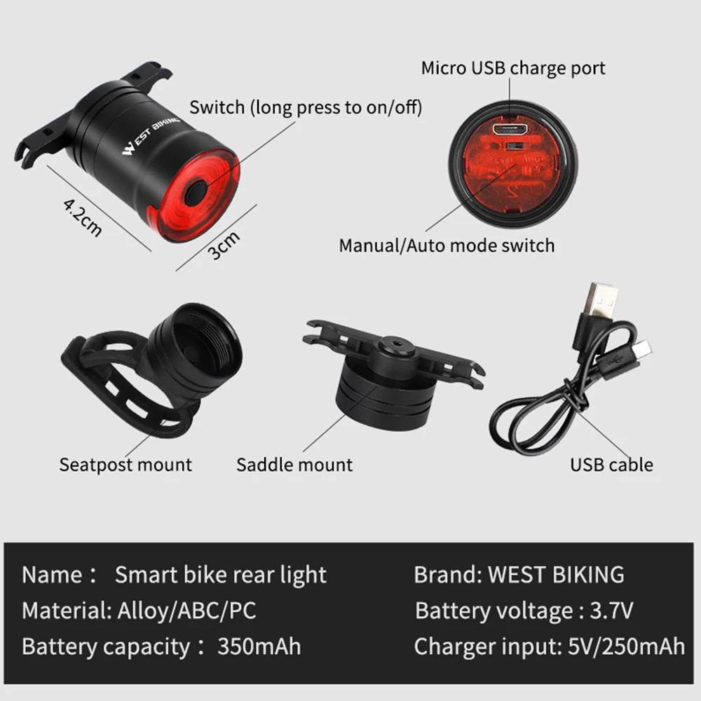 

Bicycle Smart Auto Brake Sensing Light IPx6 Waterproof USB Charging LED Taillight Bike Rear Light Cycling Accessories
