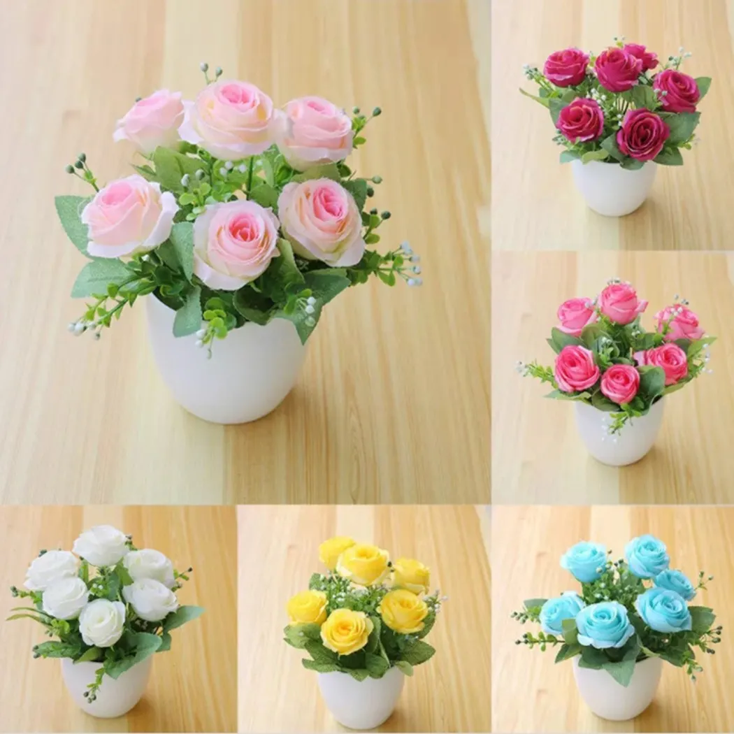 

Artificial Bonsai Fake Rose Flower Plant With Pot Silk Floral Ornaments Home Garden Party Table Decoration Photography Props