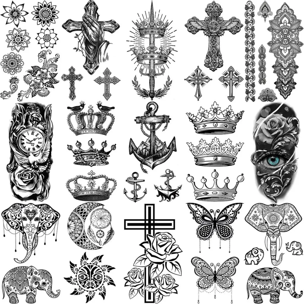 

Anchor Cross Crown Butterfly Temporary Tattoos For Women Adult Girl Henna Elephant Flower Fake Tattoo Neck Arm Hands Small Tatoo