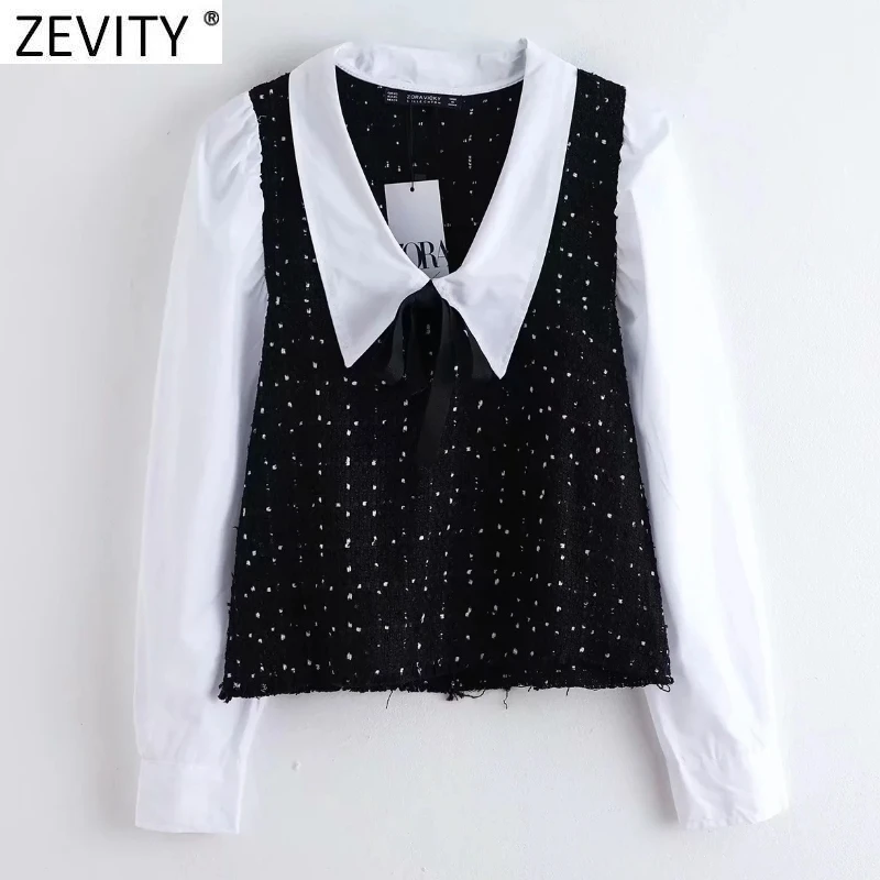 

Zevity Women Vintage Turn Down Collar Poplin Patchwork Tweed Woolen Smock Blouse Female Bow Tied Shirts Chic Blusas Tops LS7493