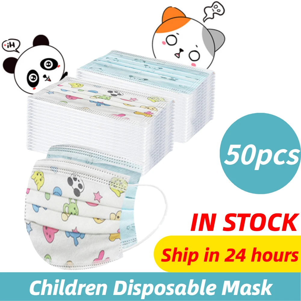 

50PCS Child Fabric Meltblown Dustproof Cartoon Dog Cat Mask Kids Disposable Face Masks 3 Layer Anti-Dust Pollution Masks