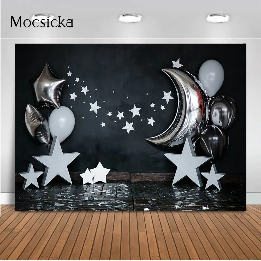 

Twinkle Twinkle Little Star Birthday Backdrop Black Boy Cake Smash Newborn Kids Portrait Photo Background Studio Photocall Vinyl