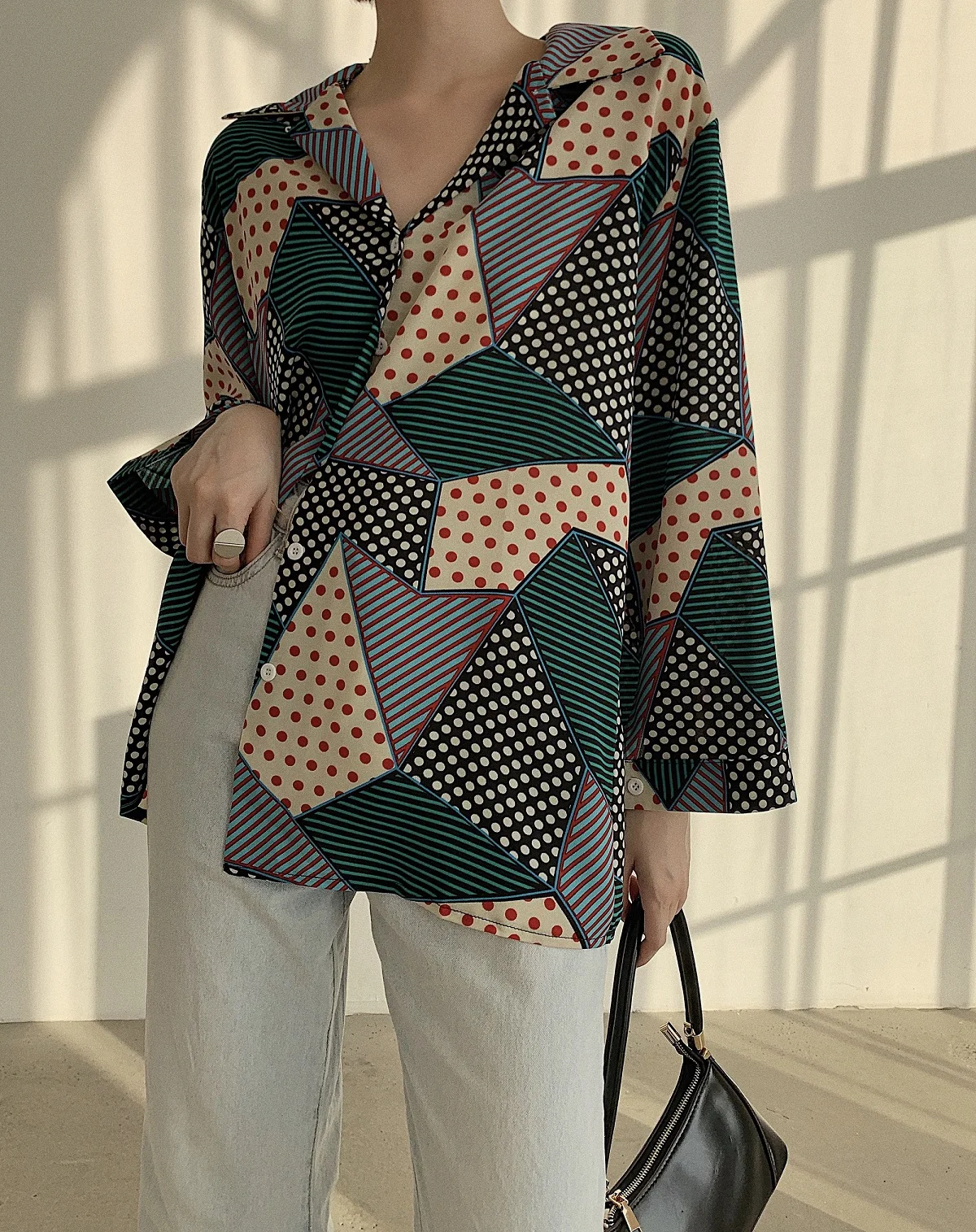 CHEERART Designer Chiffon Blouse Lapel Long Sleeve Button Up Shirt Women Ladies Top Color Block Korean Fashion Clothing | Женская одежда