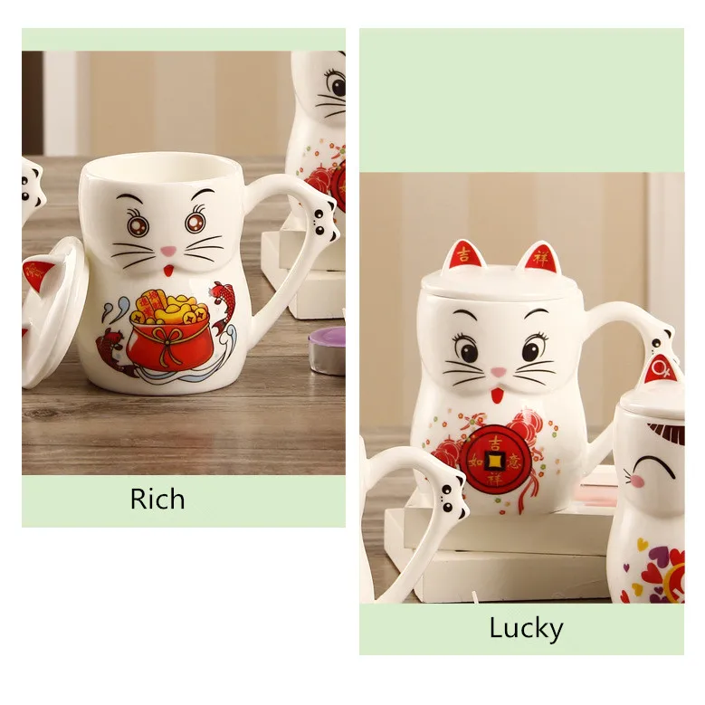 

330ml Lucky Kitty Cup Handgrip Lid Spoon Kitten Milk Coffee Ceramic Mug Children Home Office Gifts