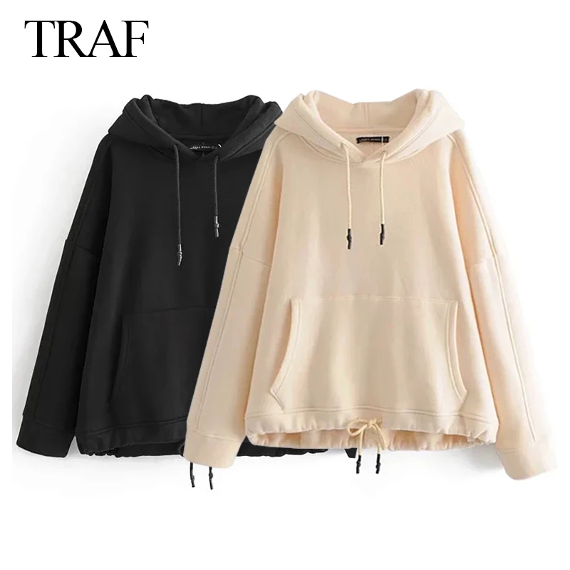 

TRAF ZA Women's Clothes Hoodie Fashion With Pocket Large Size Pure Color Retro Long Sleeve Fleece Female Pullover Loose Chic Top