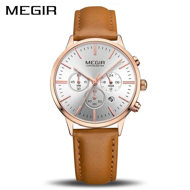

MEGIR Vintage Women Leather Watch 2022 New Waterproof Luxury Three Eyes Women Quartz Watch Outdoor Sports Chronograph Calendar