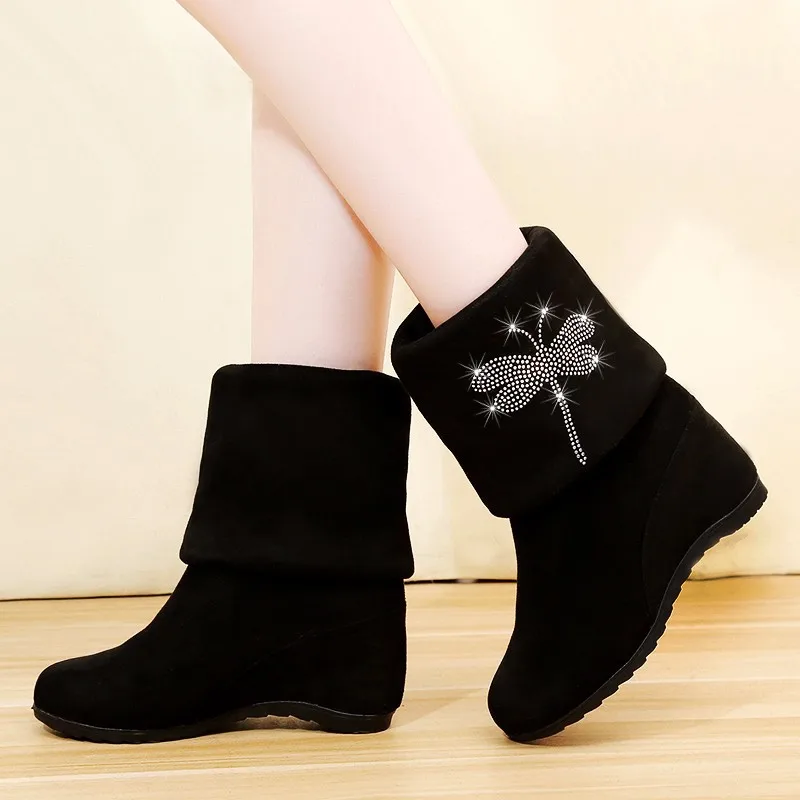 

Women Boots Suede Wedges Flat High Heels Black Women Winter Elasticity Short Boots Bottom Comfortable Ankle Boots