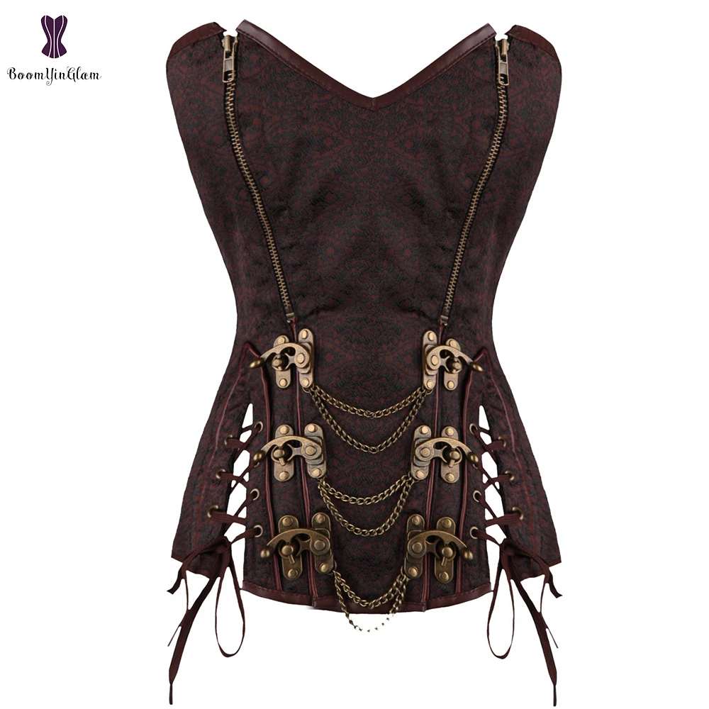 Двойная молния спереди Коричневый Женский жаккардовый корсетный корсет с