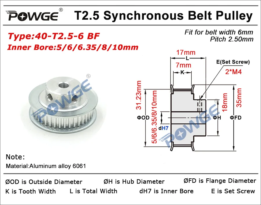 

POWGE 5pcs 40 Teeth T2.5 Timing Pulley Bore 5mm 6.35mm 8mm for width 6mm T2.5 Open Synchronous Belt T2.5 Belt Pulley 40Teeth 40T