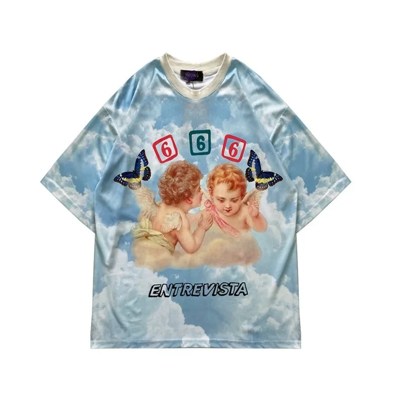 

MINGLIUSILI Angel Graphic T Shirts Women Fashion 2021 Summer Harajuku Print Y2k Clothes Blue Casual Aesthetic Woman T-shirts