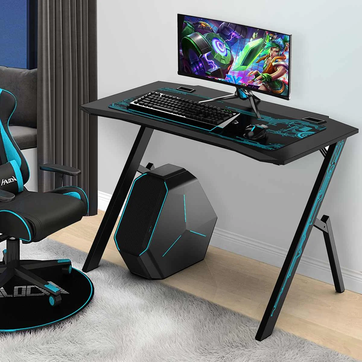 

110cm Gaming Home PC Computer Desk Black Esport Gamer Table With Audio Sensor RGB LED Lighting Effect With Mouse Pad Home desk